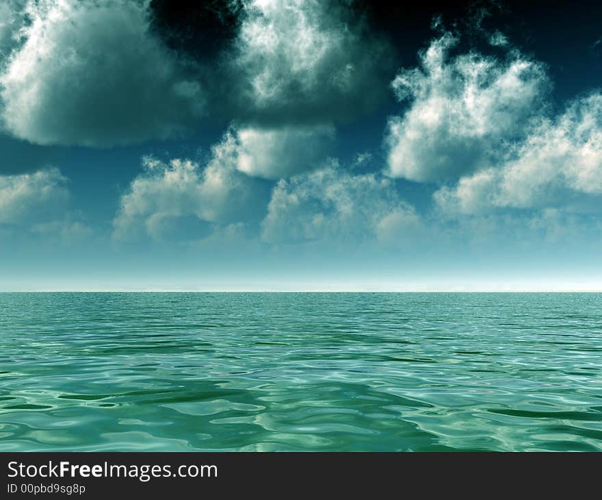 Thunderstorm coming. Sea and sky with puffy clouds