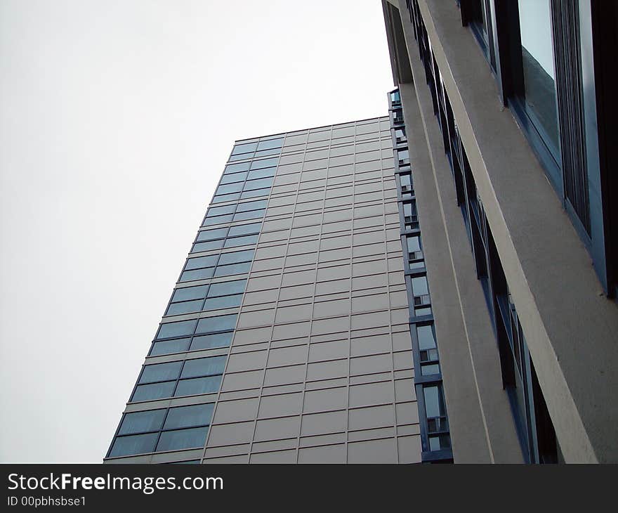 Upward angle of the outside of a hotel. Upward angle of the outside of a hotel.