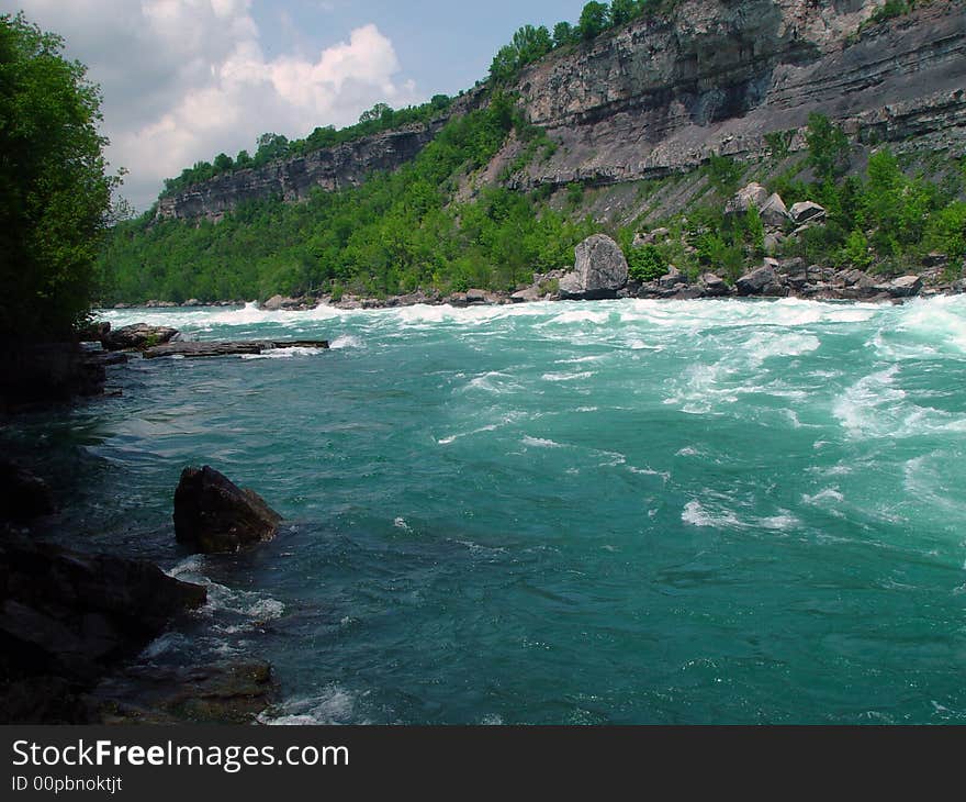 Rushing river with sloping Mountain.