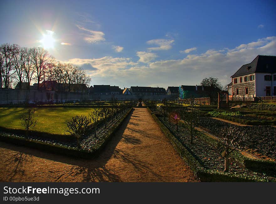 A view to a really sunny day in winter at the Klostergarten. A view to a really sunny day in winter at the Klostergarten