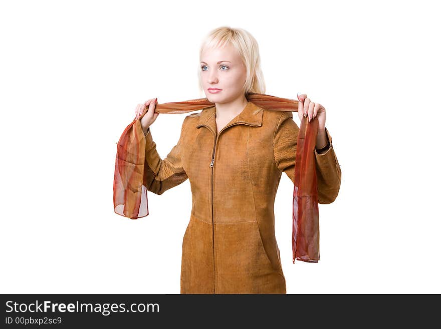 Woman in orange jacket with scarf