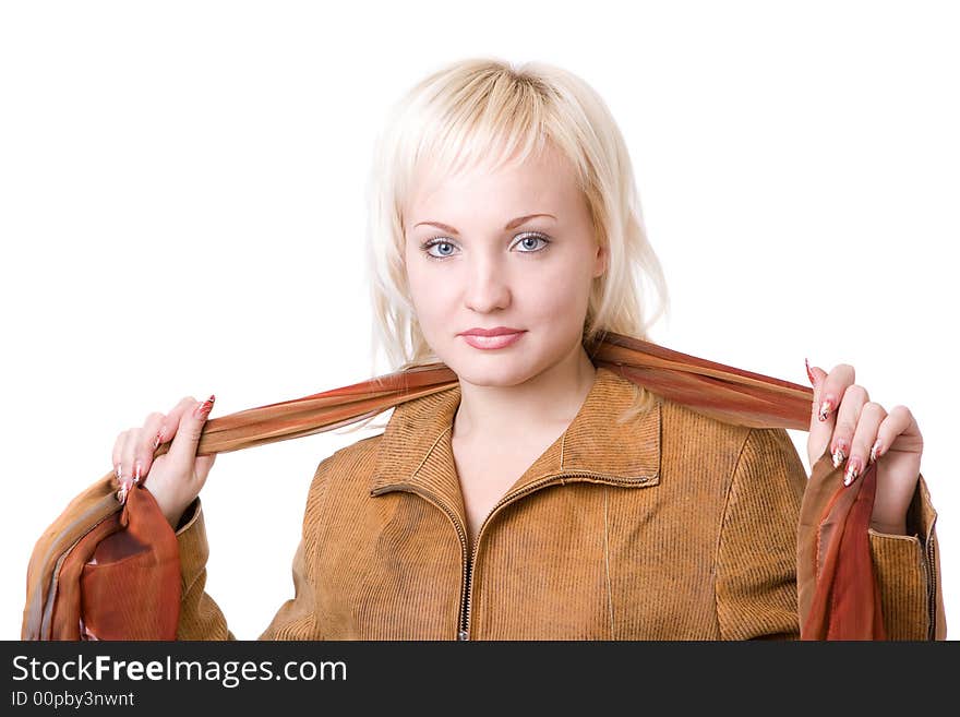 Young woman in orange jacket with scarf