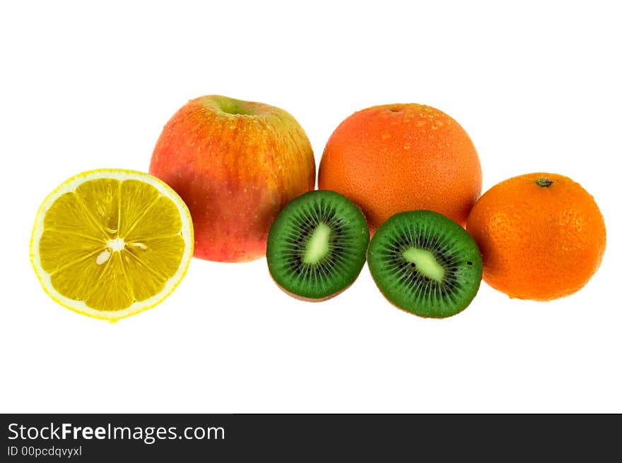 Apple, orange, mandarin, lemon and kiwi fruit on a white background.