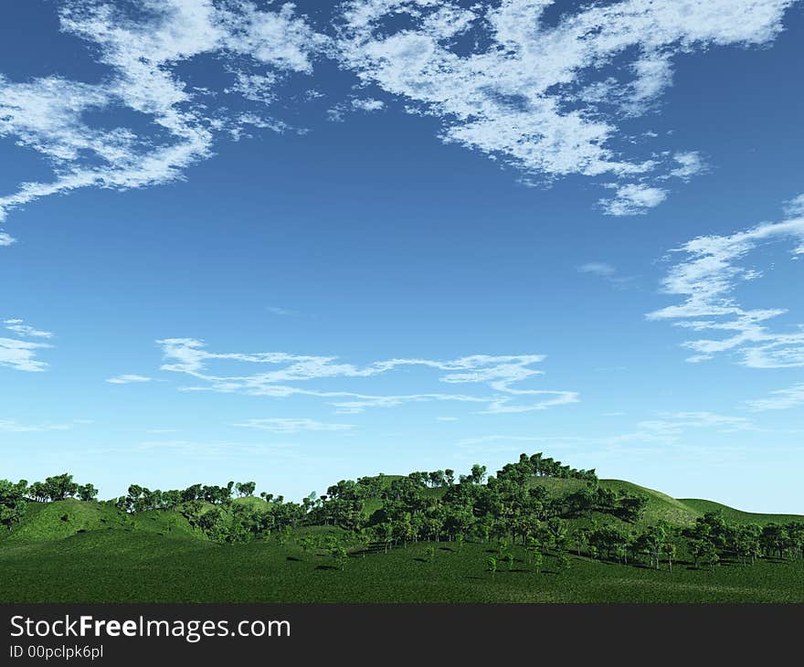 Green hills and beautiful sky with clouds - 3d scene