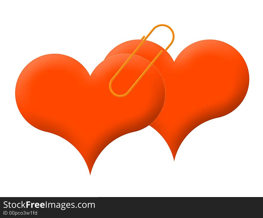 Two red hearts are connected by a writing paper clip. Two red hearts are connected by a writing paper clip