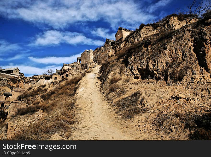 Old village of loess highland under the blue sky