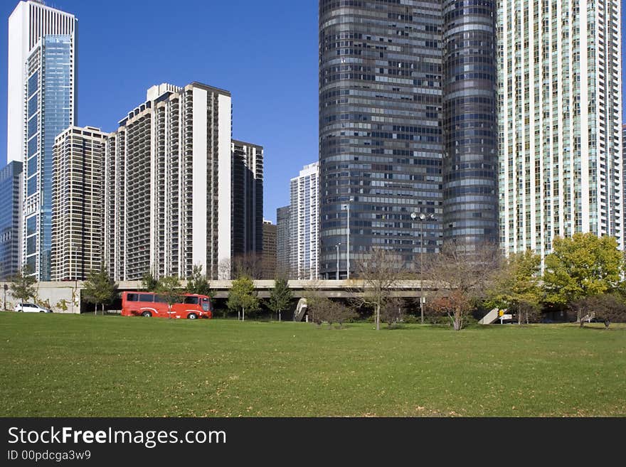 Red Bus On Lake Shore Drive, Chicago