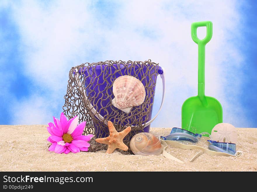 Sand Pail With Sea Shells and Flower. Sand Pail With Sea Shells and Flower