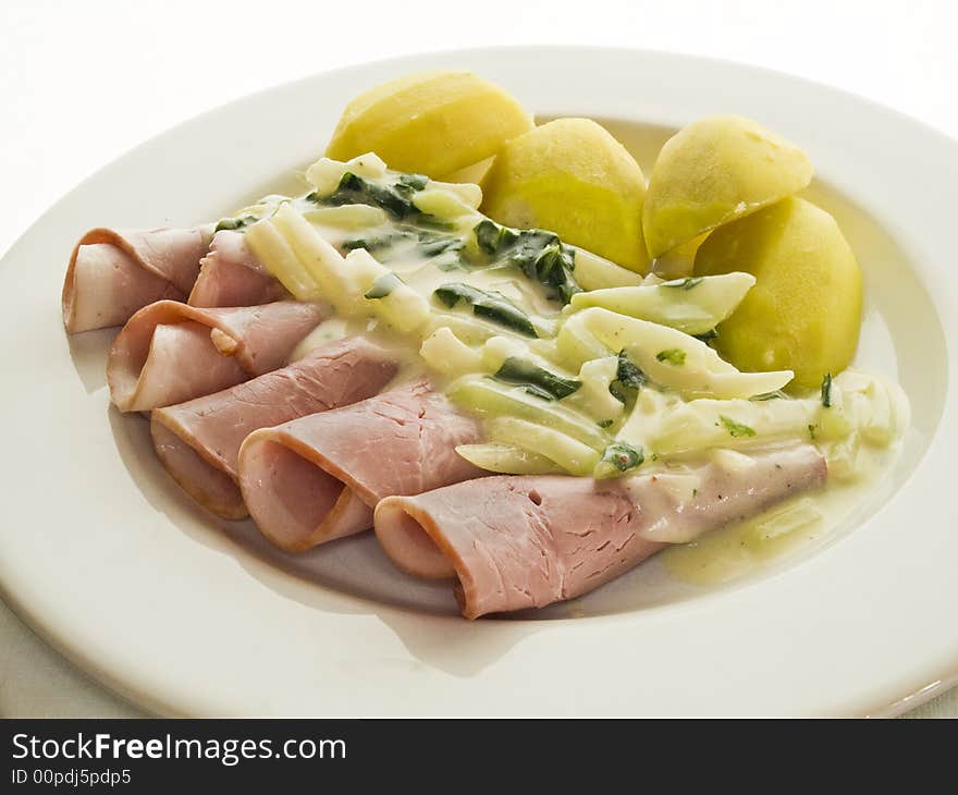 Ham rolls with potatoes and stem cabbage