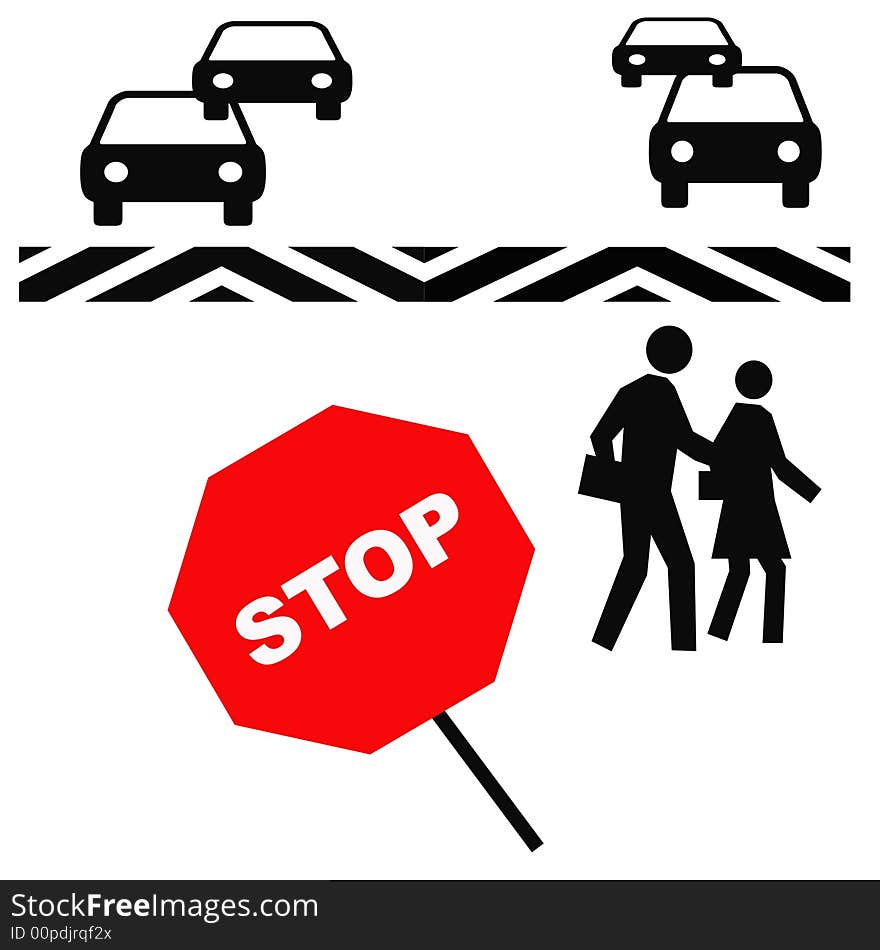 Pedestrians in a crosswalk with red stop sign illustration. Pedestrians in a crosswalk with red stop sign illustration