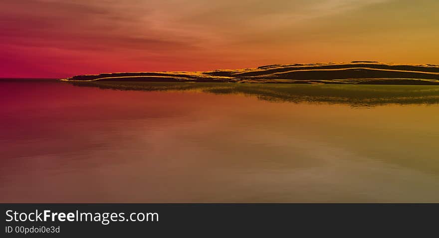 Computer generated Landscape with water, sky and mountains