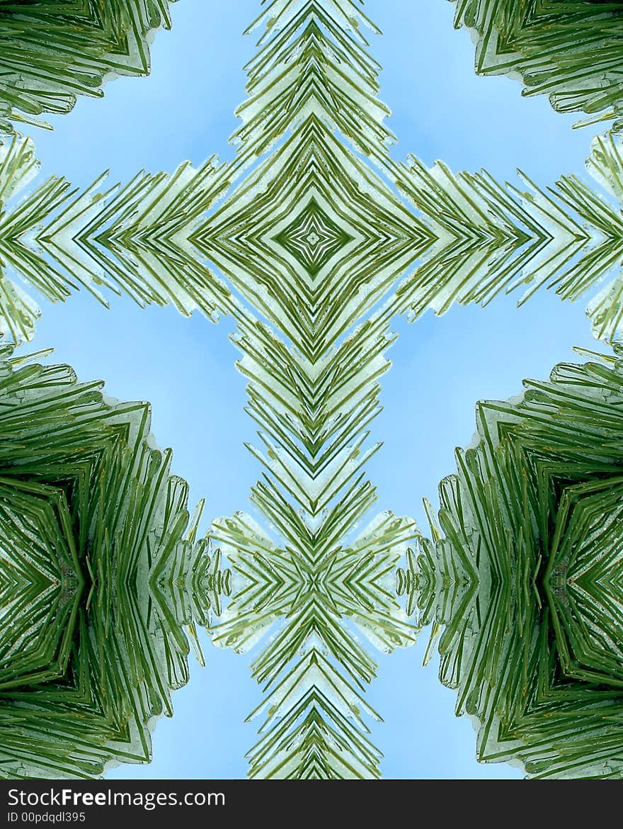 Kaleidoscope cross:  layer of ice on pine needles. Kaleidoscope cross:  layer of ice on pine needles