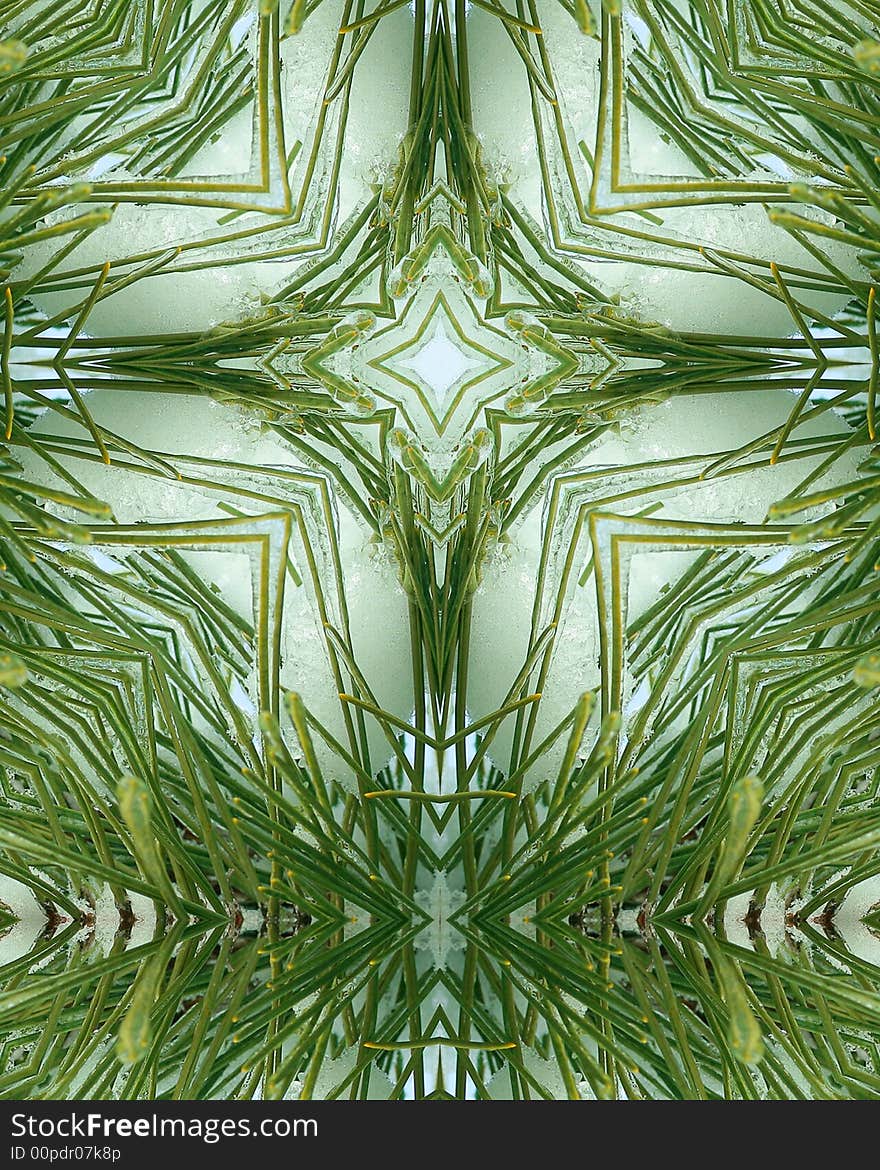 Kaleidoscope cross:  layer of ice on pine needles. Kaleidoscope cross:  layer of ice on pine needles