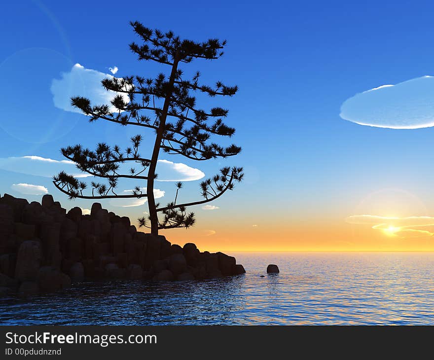 Pine tree at sea coast - 3d illustration.