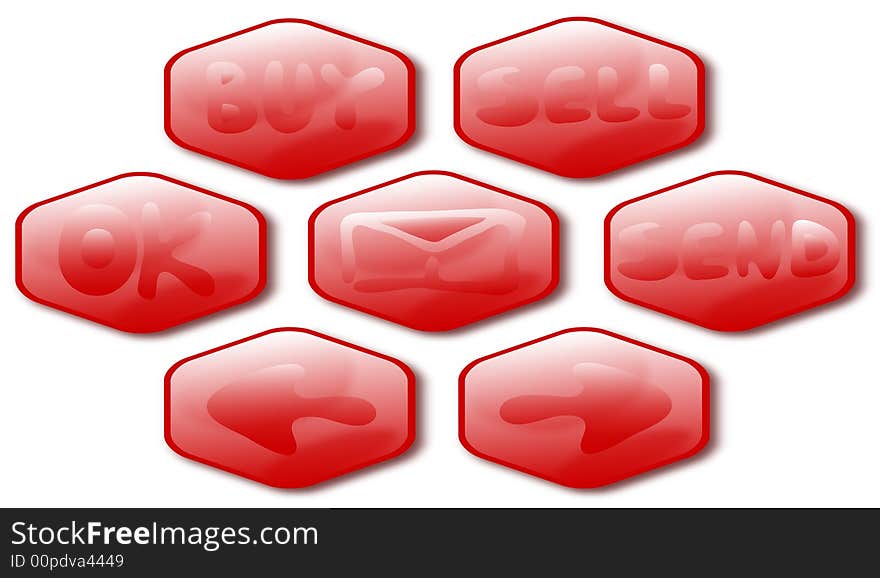 9 red bee buttons with a signs on a white background