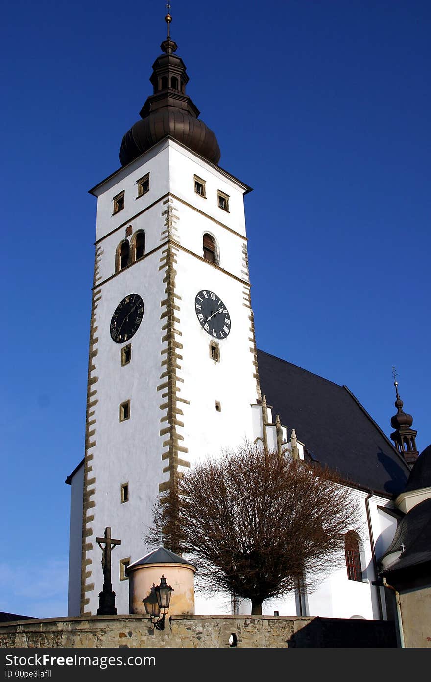 High steeple of little Czech village Pribor. High steeple of little Czech village Pribor