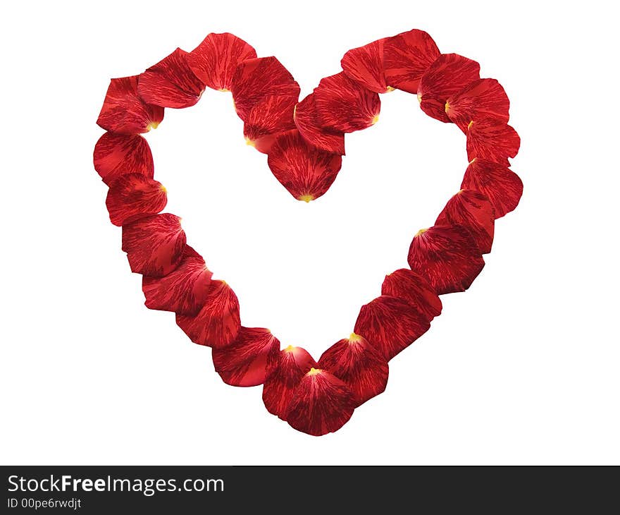 Heart shape made of red rose petals isolated on white. Heart shape made of red rose petals isolated on white