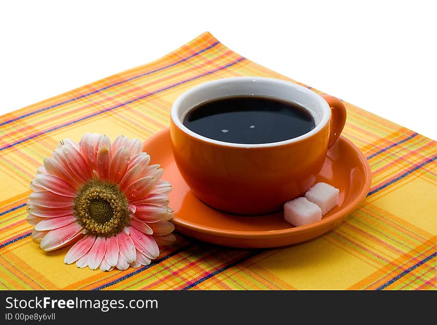 Cup of coffee with a suger and flower. Cup of coffee with a suger and flower