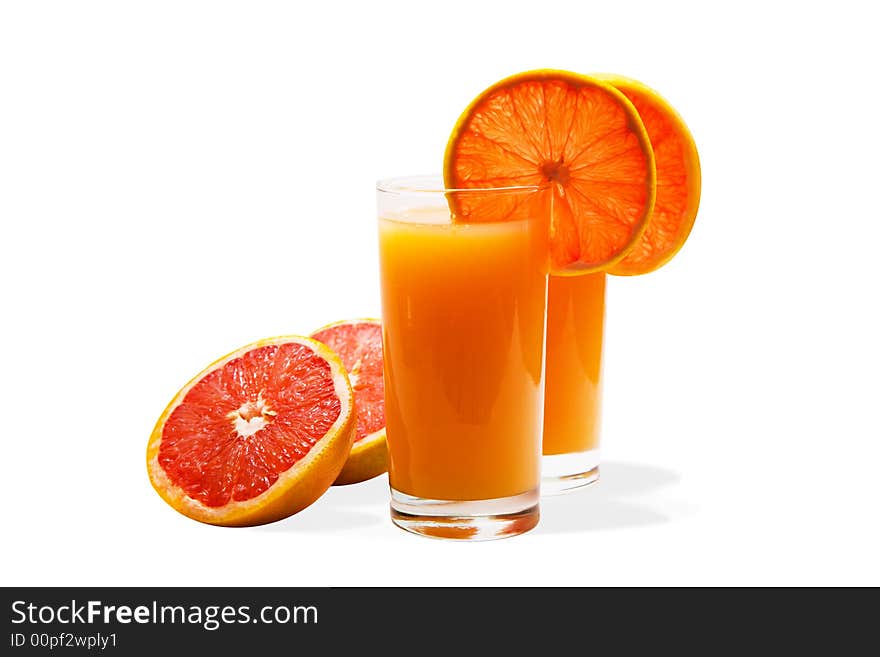 Grapefruit juice and grapefruits isolated on white