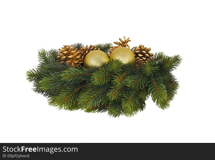 Glass balls and gold cones on christmas tree branch. Glass balls and gold cones on christmas tree branch