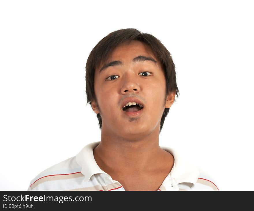 A surprised man over a white background