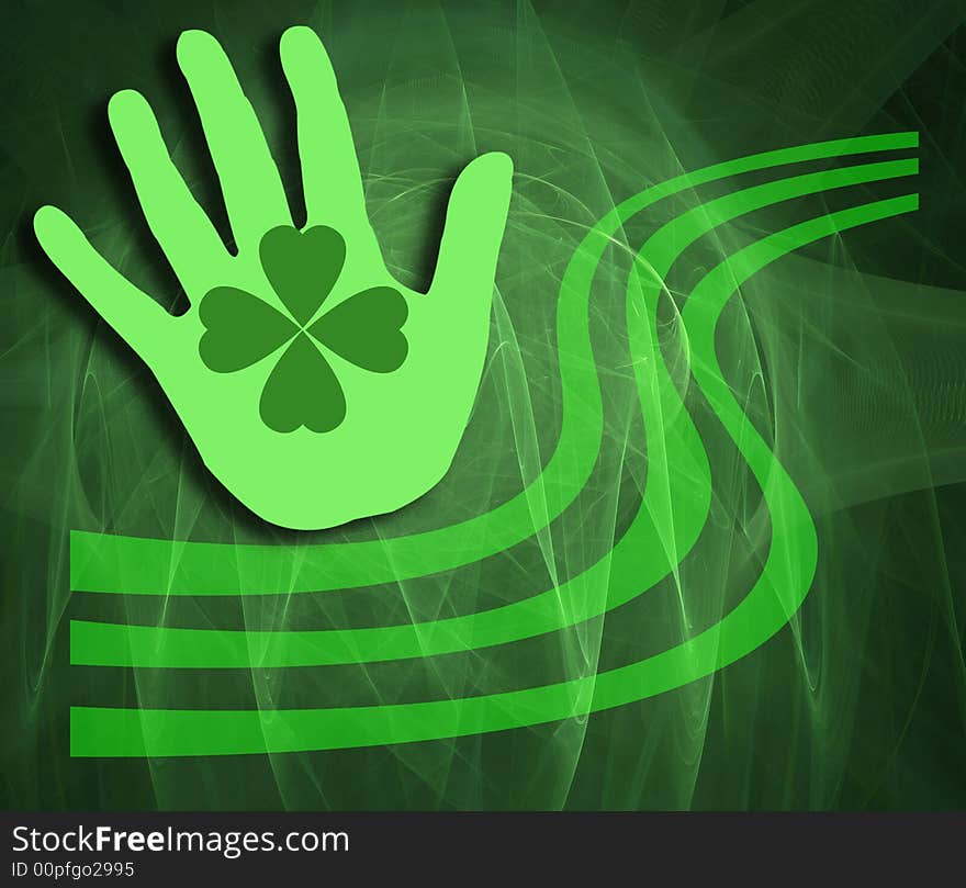 This design has a playful green abstract background and shows a hand with a four-leaf clover. This design has a playful green abstract background and shows a hand with a four-leaf clover.