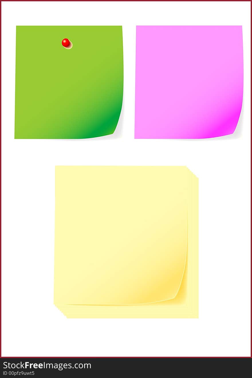 Yellow pink green note with black pin over white background - post-it