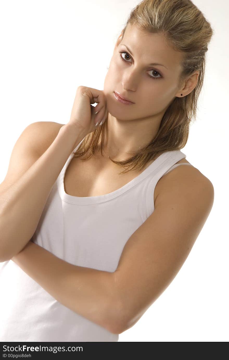 Cheerful young woman over white background. Cheerful young woman over white background