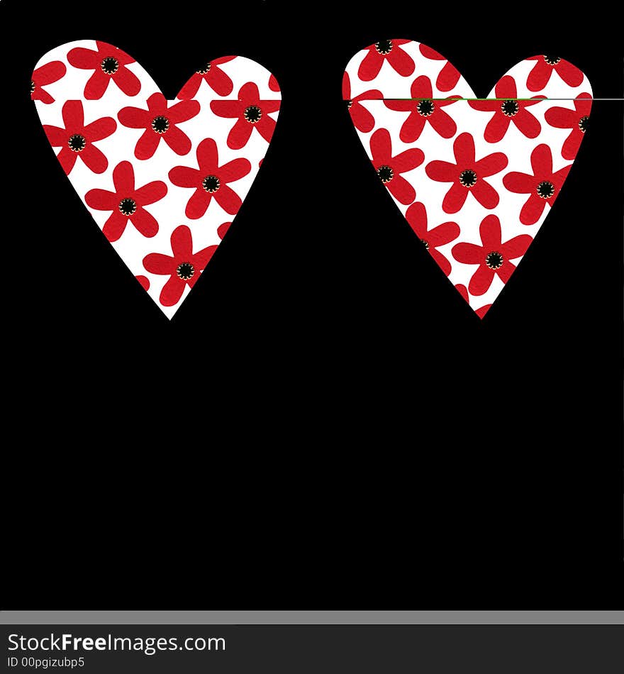 Two valentine hearts with flowers background