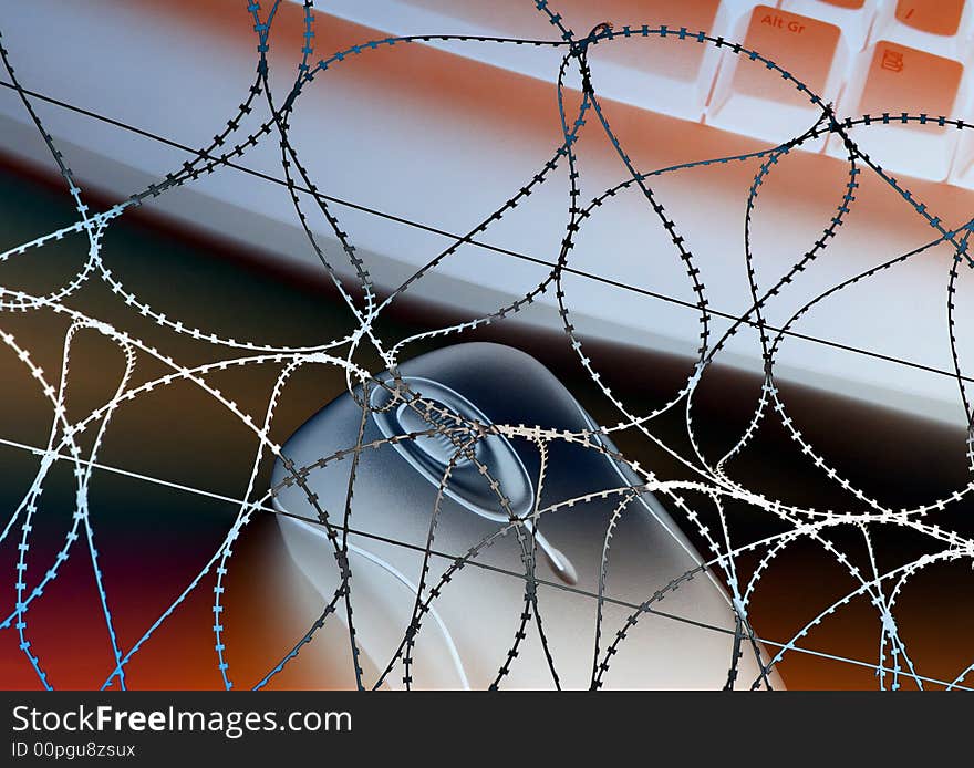 Negative abstract showing computer overlaid with razor wire image. Negative abstract showing computer overlaid with razor wire image