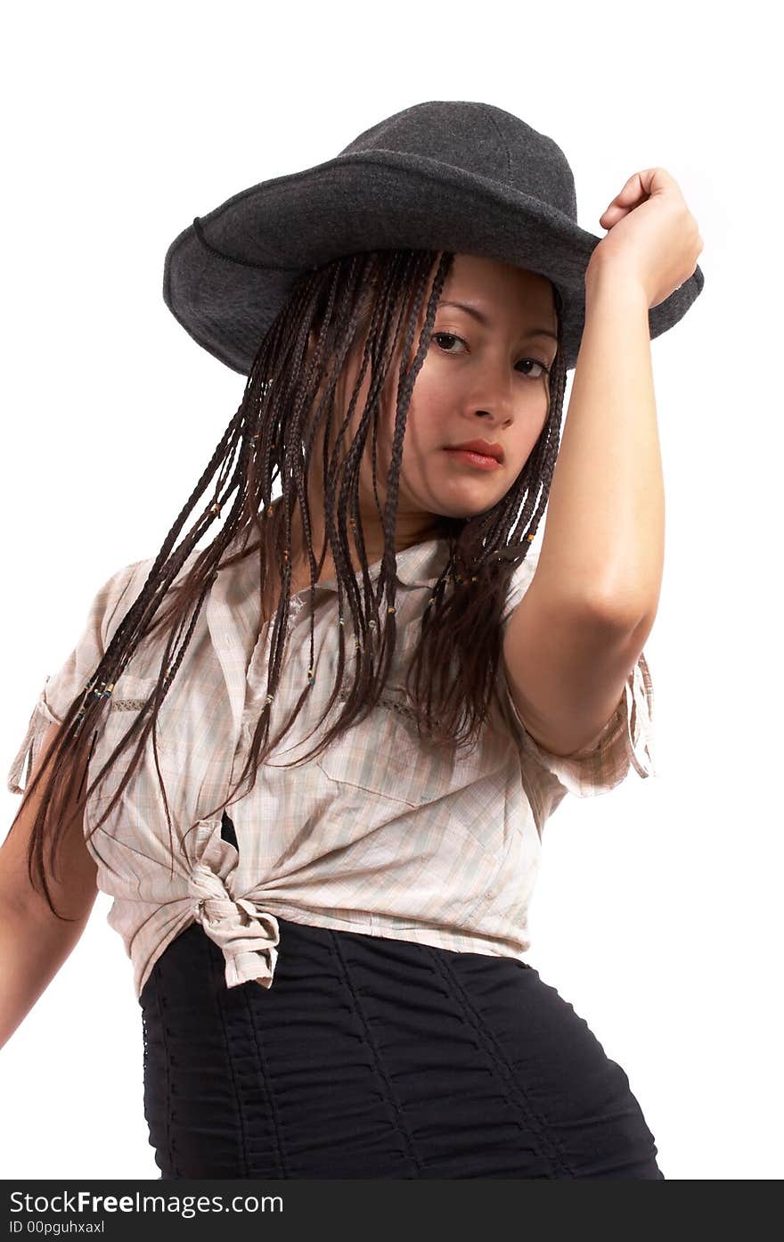 A sexy cowgirl over a white background