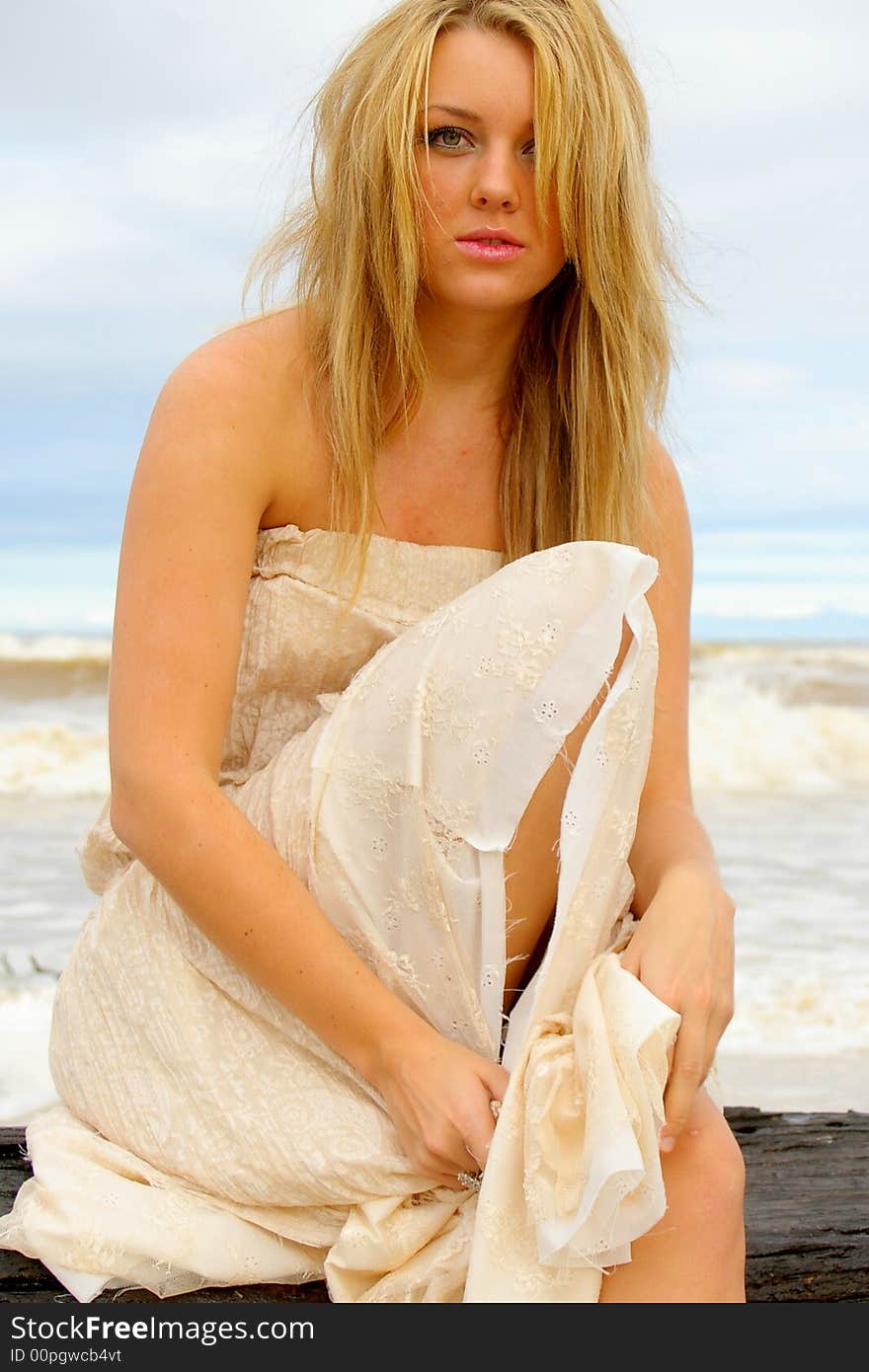 Beautiful girl on the beach sitting on drift wood. Beautiful girl on the beach sitting on drift wood