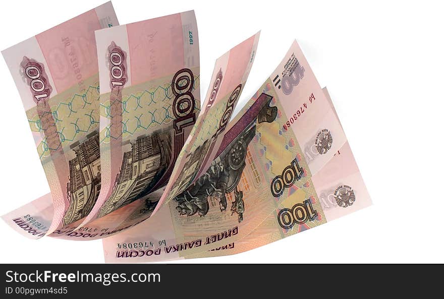 Five Russian banknotes of denomination on hundred roubles, are located by a fan on a white background. Five Russian banknotes of denomination on hundred roubles, are located by a fan on a white background.