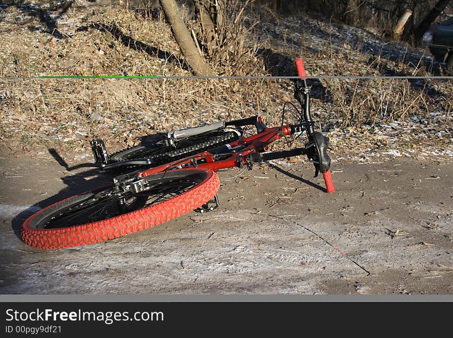 Bicycle for off-road racing in winter wood. Bicycle for off-road racing in winter wood