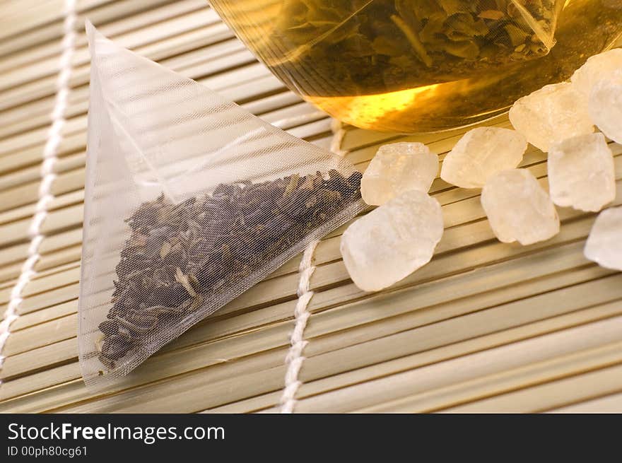 White tea, nylon tea-bag and sugar