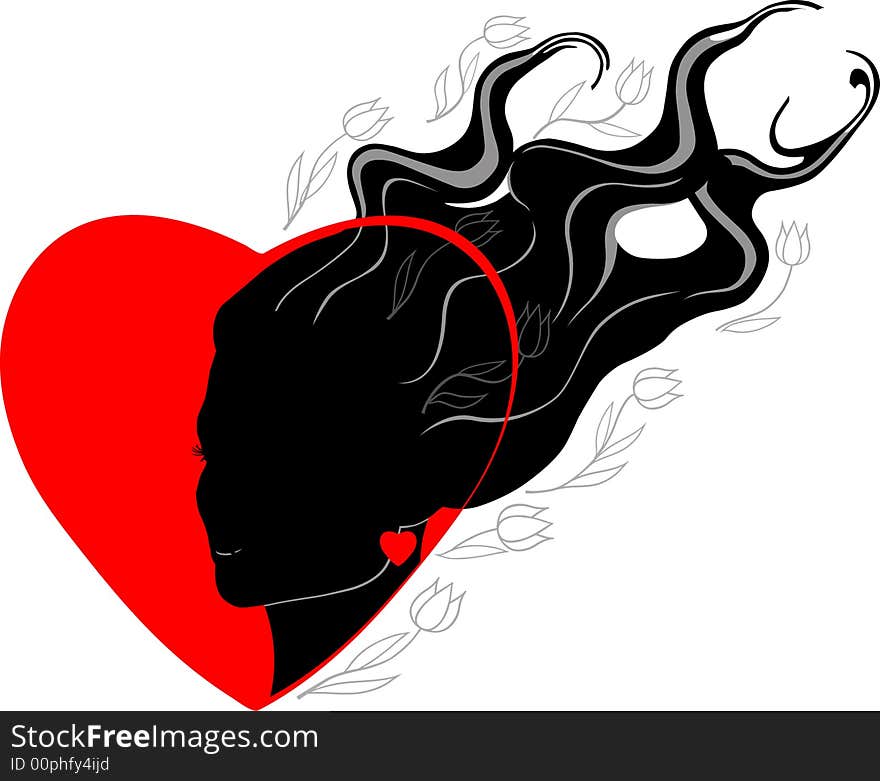 Silhouette of a female head on a background of heart