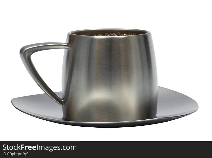 Coffee in a metal cup on a white background