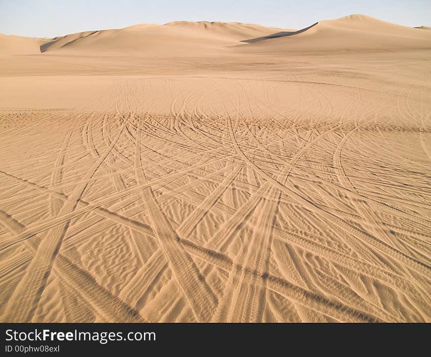 Buggy tracks in the desert of Ica in Peru