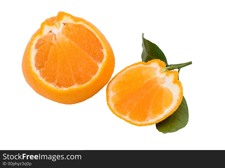 Slices of isolated hallabong (citrus spharocarpa) with two green leaves. Hallabong is a special kind of orange growing only in Korea. Slices of isolated hallabong (citrus spharocarpa) with two green leaves. Hallabong is a special kind of orange growing only in Korea.