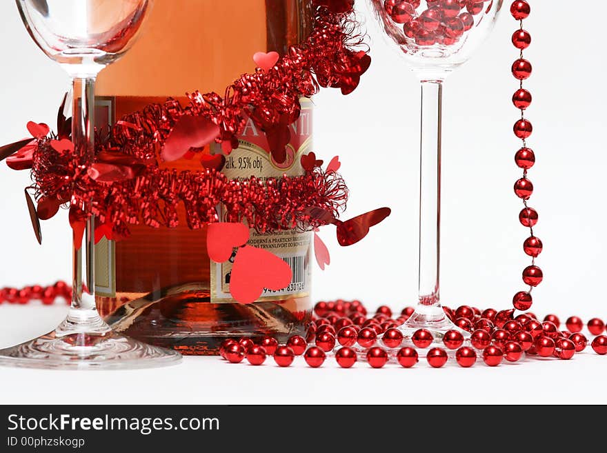 Valentine champagne and two glasses on white background. Valentine champagne and two glasses on white background.