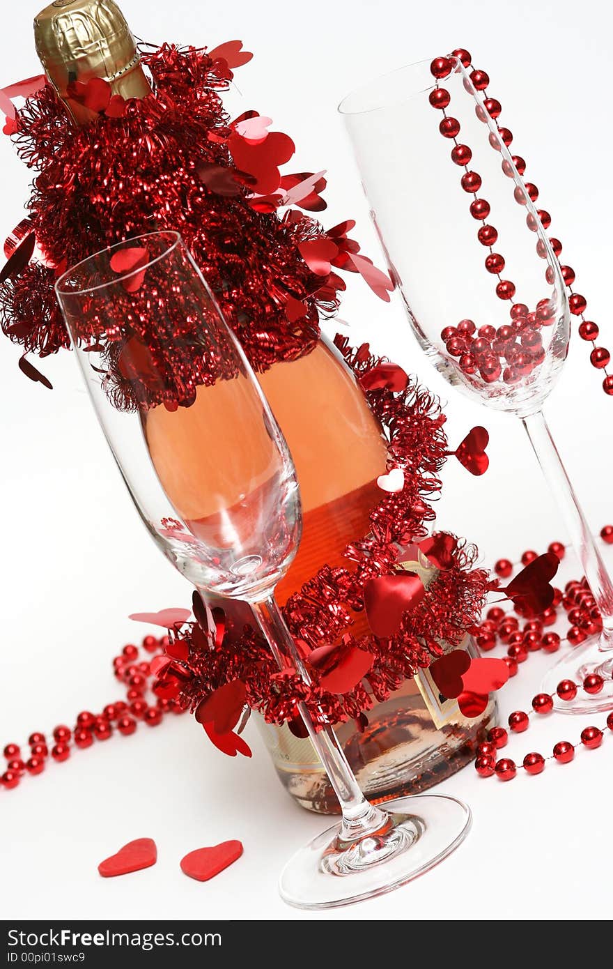 Valentine champagne and two glasses on white background. Valentine champagne and two glasses on white background.