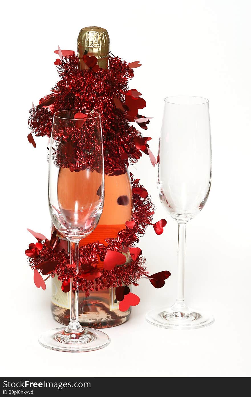 Valentine champagne and two glasses on white background. Valentine champagne and two glasses on white background.