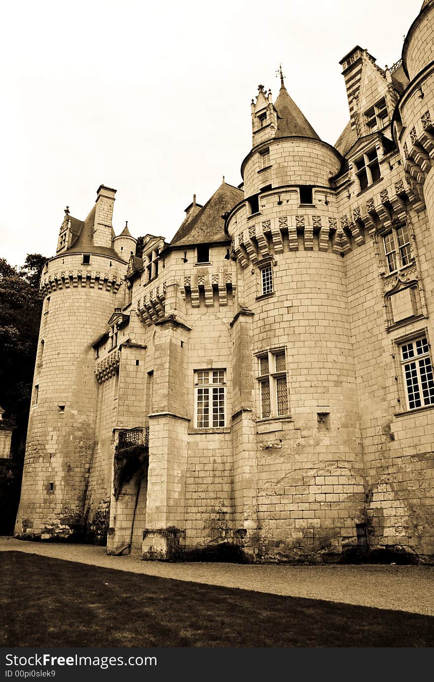 Chateau Ussé, Loire Valley, France. Monochrome (sepia toned) photo.