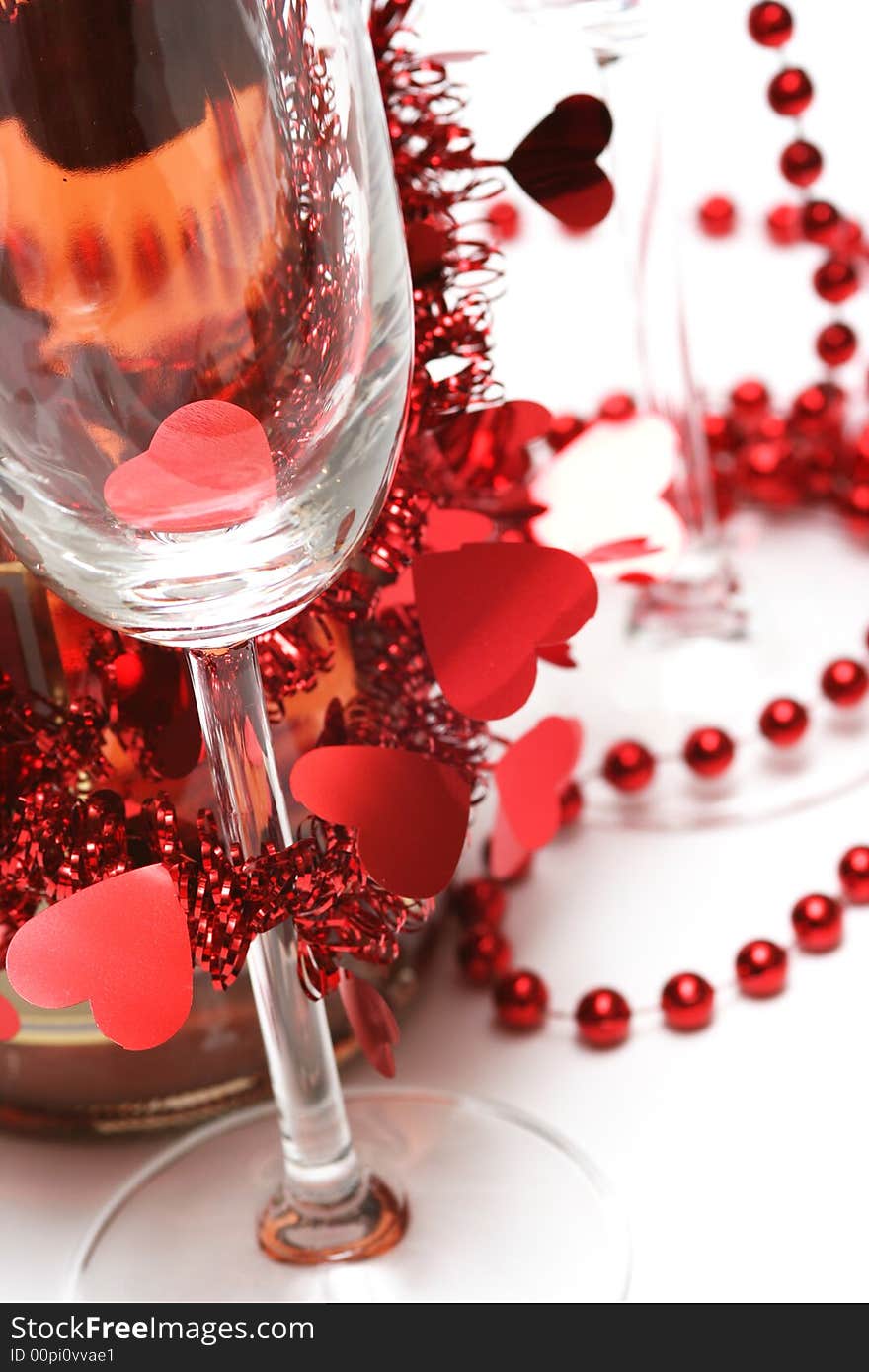 Valentine champagne and two glasses on white background. Valentine champagne and two glasses on white background.