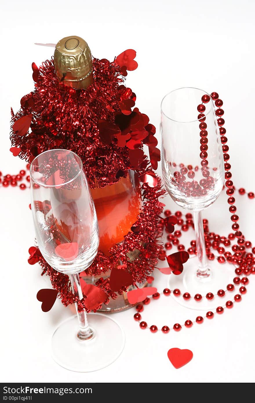 Valentine champagne and two glasses on white background.