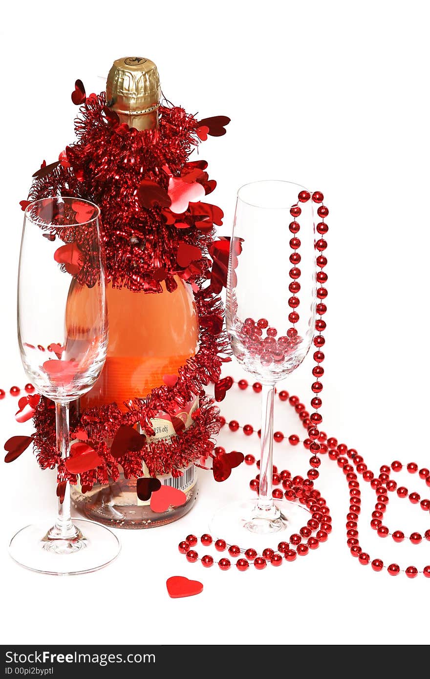 Valentine champagne and two glasses on white background. Valentine champagne and two glasses on white background.