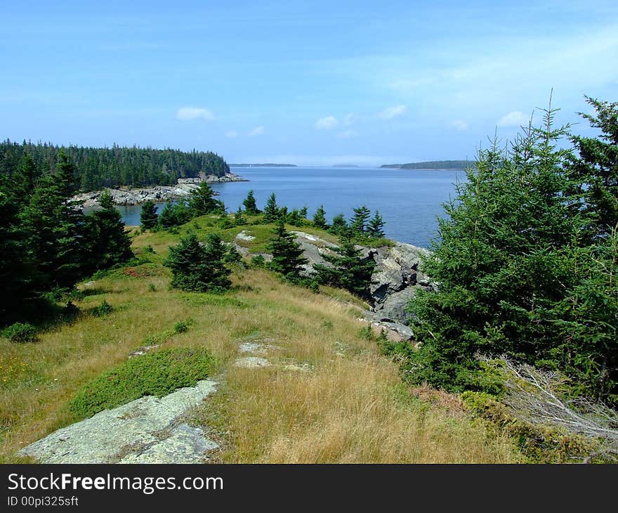 Seascape from Moshers Island with a fog bank in the background . Moshers Island Lahave Lunenburg County Nova Scotia Canada. Seascape from Moshers Island with a fog bank in the background . Moshers Island Lahave Lunenburg County Nova Scotia Canada