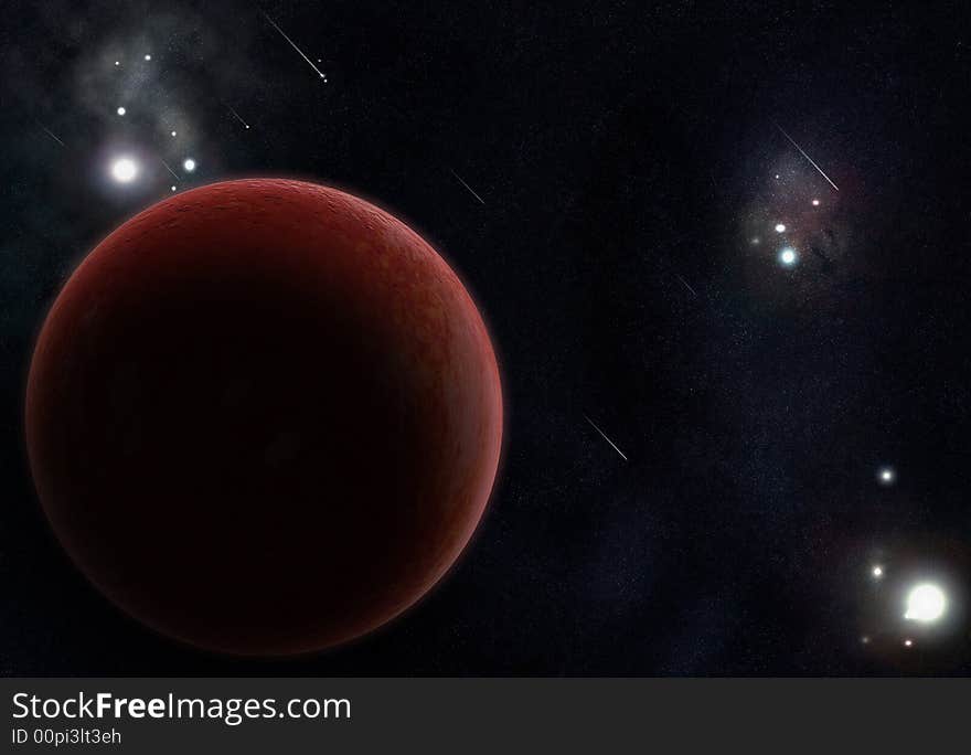 Digital created starfield with red planet and meteors