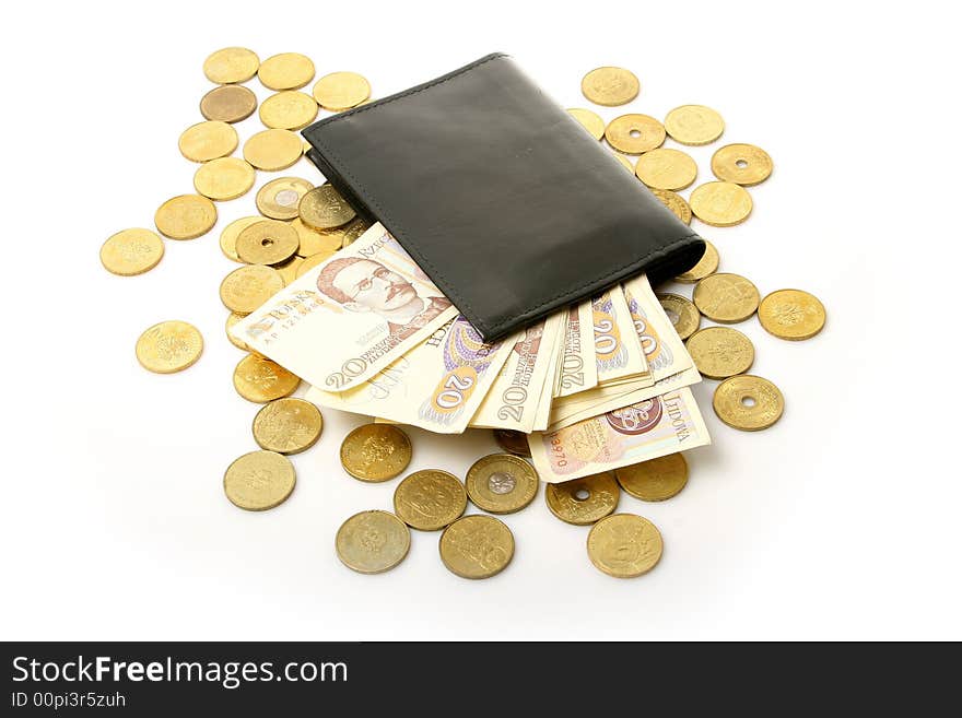 Gold coins and black wallet over white background. Gold coins and black wallet over white background