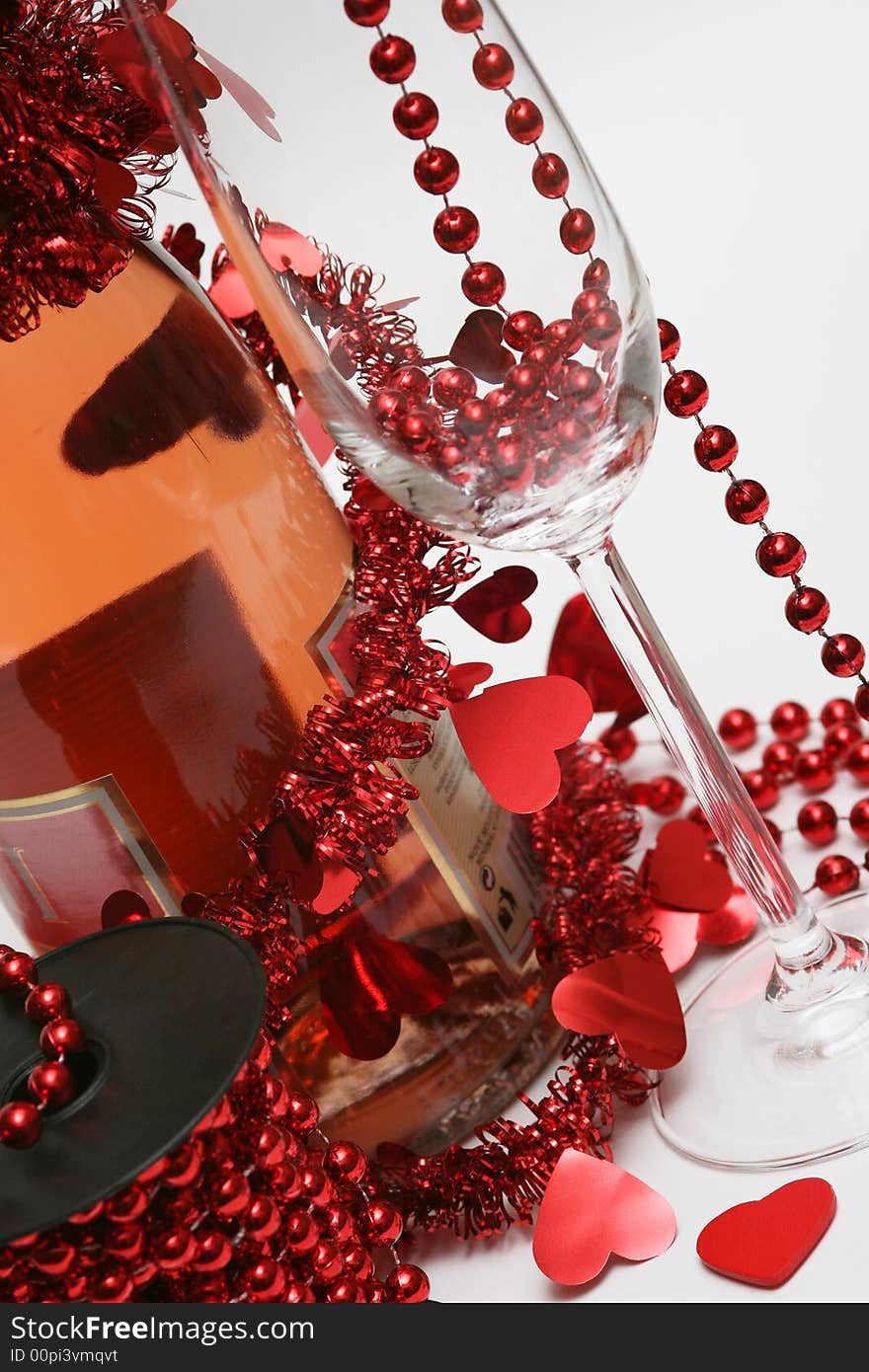 Valentine champagne and glass on white background. Valentine champagne and glass on white background.